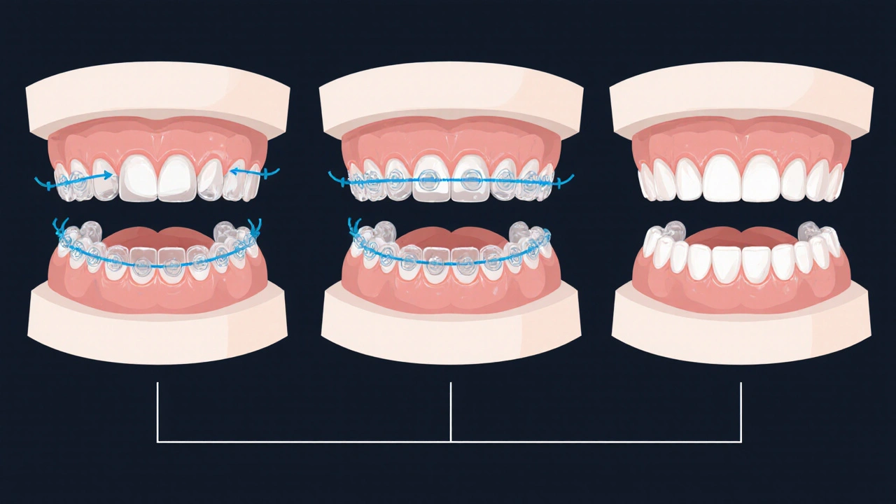 Tři stádia léčby Invisalign: zkreslené zuby, přechodná pozice a dokončené vyrovnání.