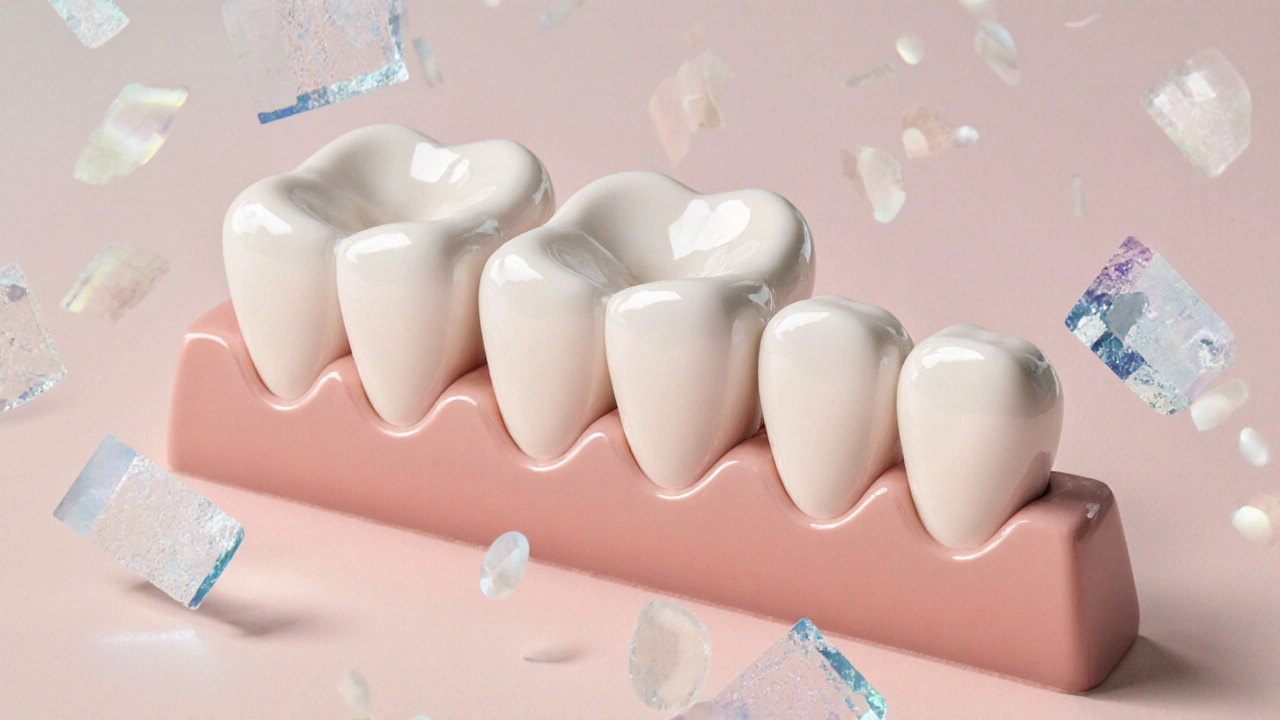 Tři tvary fazet — ovalové, špičaté a obdélníkové — na dentálním modelu s materiálovými fragmenty.