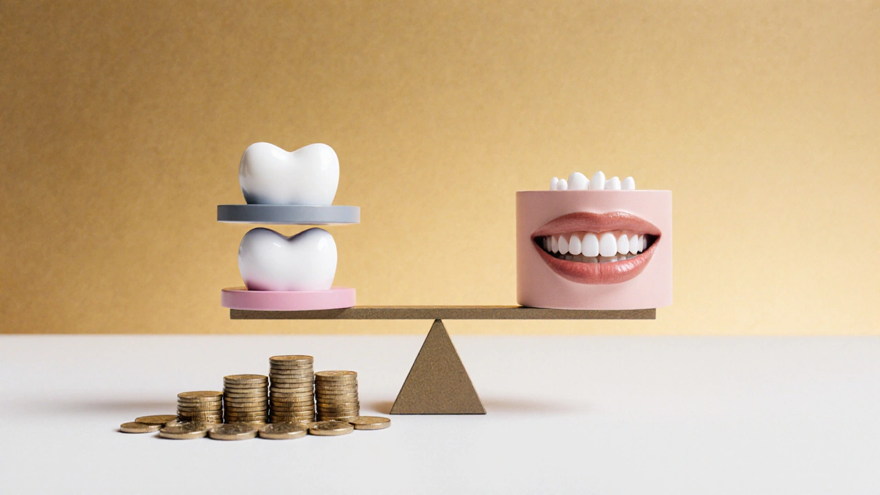Tři typy oprav předního zubu na váze s cenou a zdravým úsměvem.