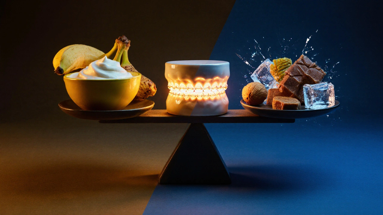 Váha s bezpečnými potravinami na jedné straně a zakázanými na druhé, s keramickými rovnátky uprostřed.