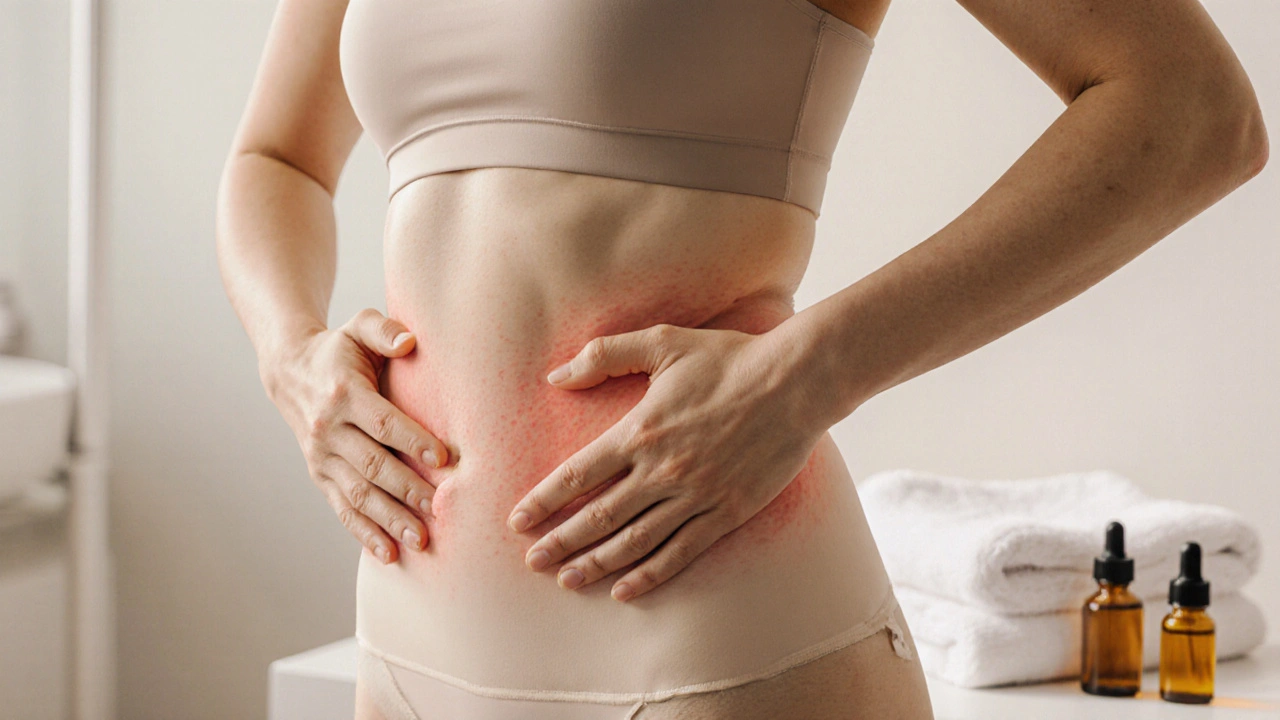 Žena jemně masíruje břicho po liposukci, nosí kompresní oděv, teplé osvětlení a klidné prostředí.