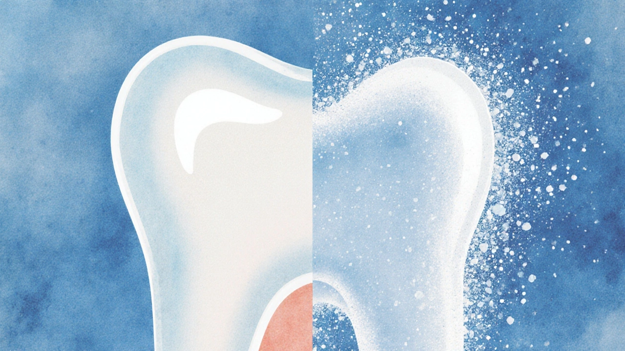 Zub s přechodem od zdravého skla k demineralizované oblasti.