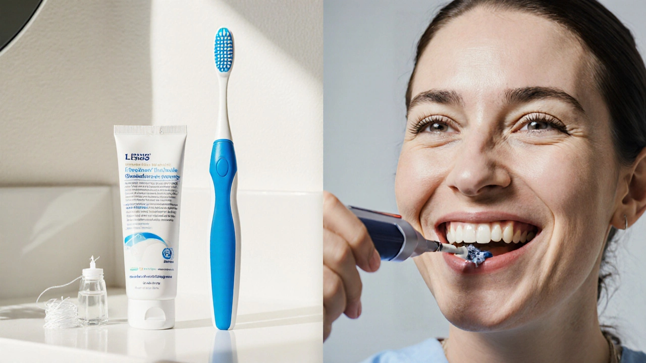 Zubní kartáček, nit a zubní pasta vedle zubaře odstraňujícího kámen