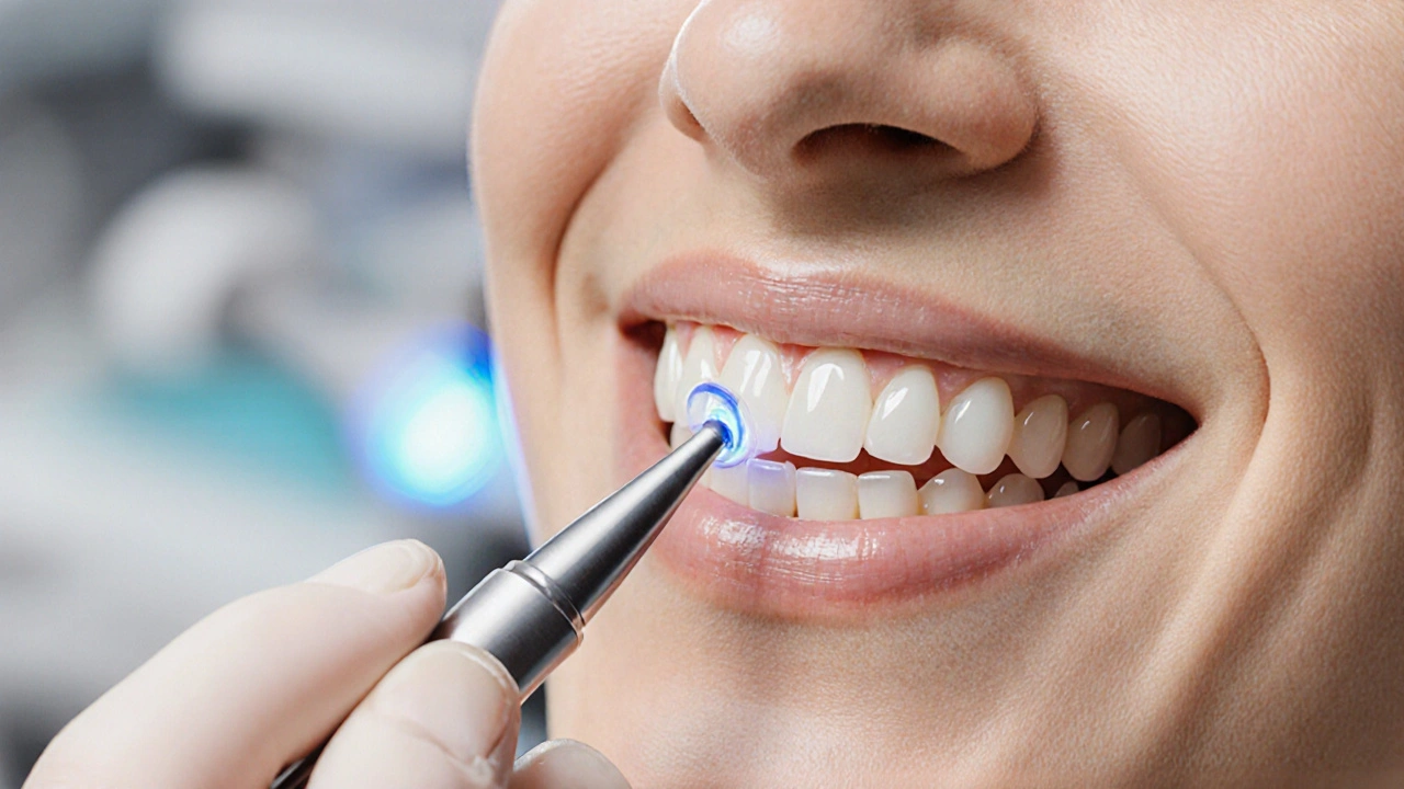 Zubní lékař instaluje keramickou vložku na přední zub.