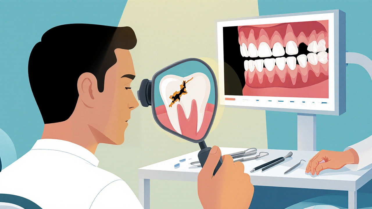 Zubní lékař prohledává poškozený zub s pomocí lupy, na pozadí rentgen.