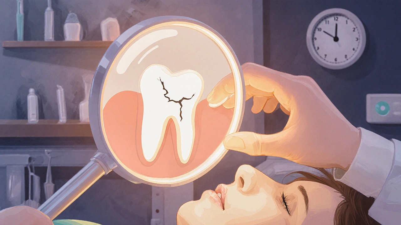 Zubní lékař prohlíží poškozený zub pomocí zrcátka a světla.