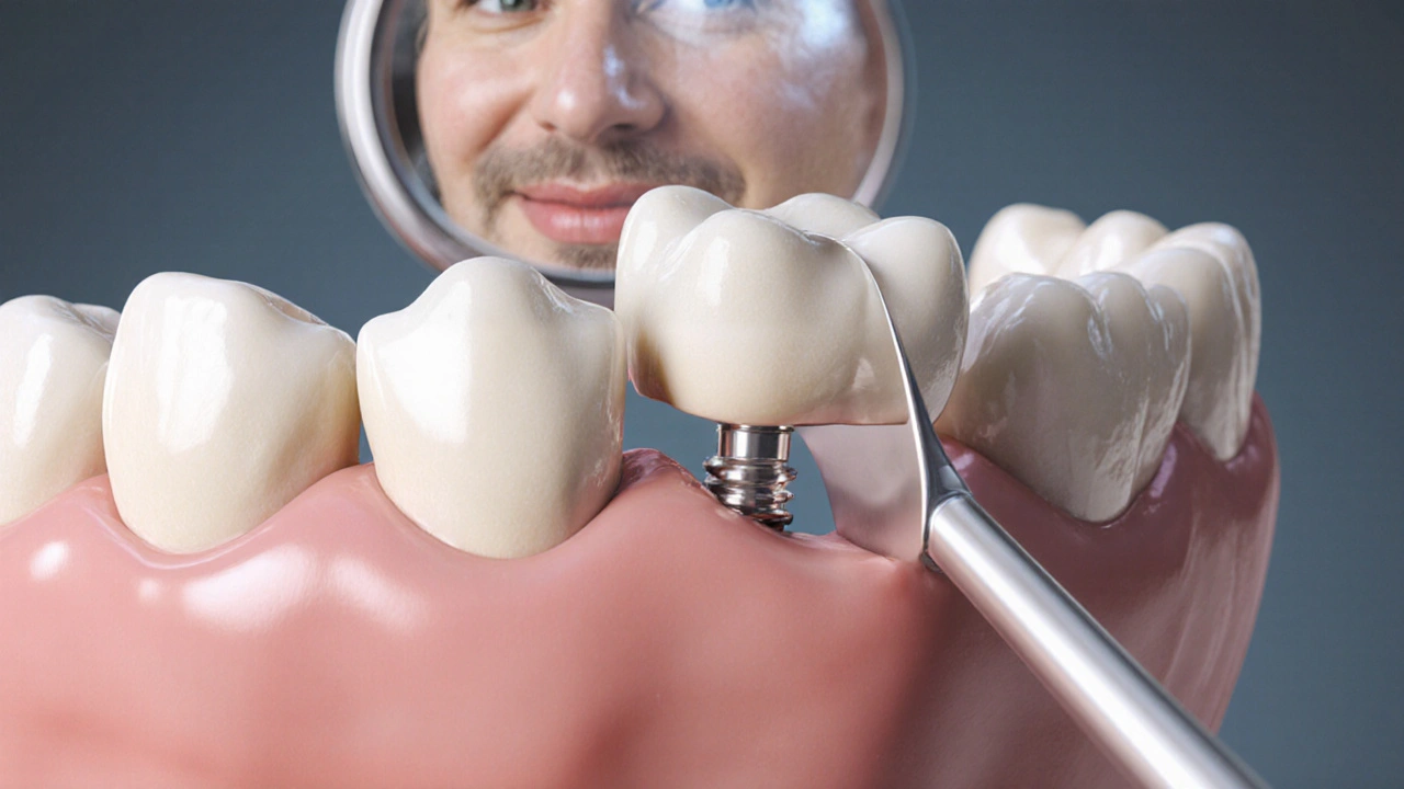 Zubní most s pontikem mezi dvěma krunýři na přírodních zubech.