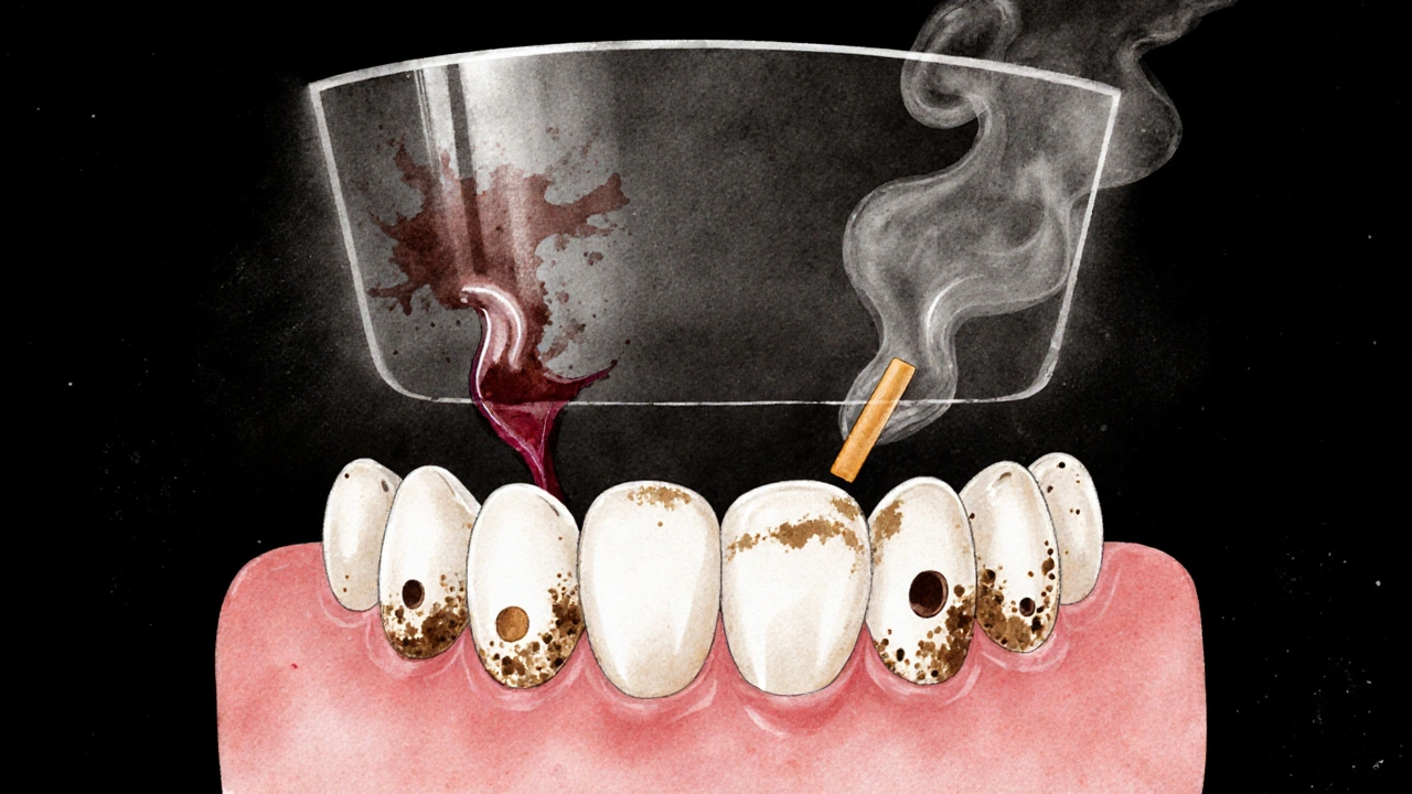 Zuby absorbuje barviva z kávy a vína, ochraňuje je světelný štít.