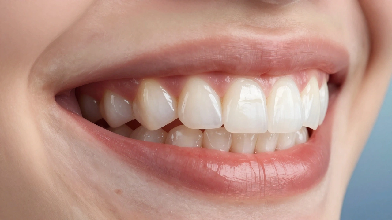 Before and after comparison of a smile with natural teeth versus porcelain veneers.
