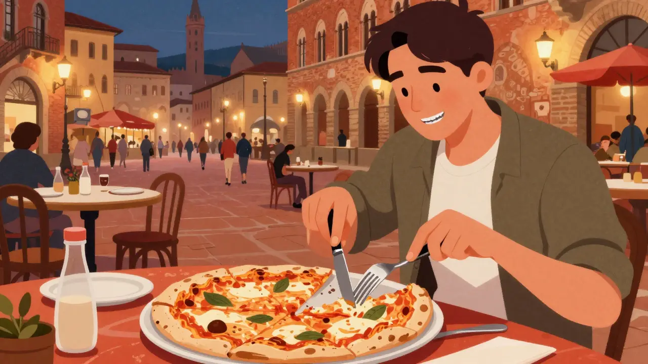 Cestovatel si pečlivě řeže pizzu na menší kousky v italské restauraci s viditelným voskem na rovnátkách.