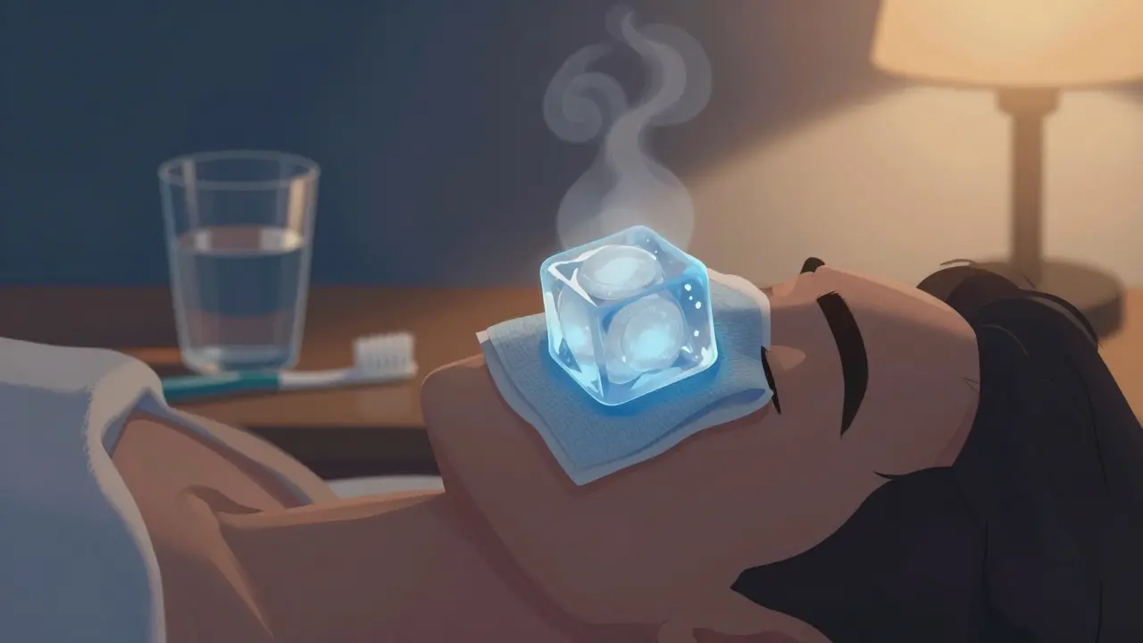 Chladný obklad na tváři nad bolestivým předním zubem ve večerním světle.