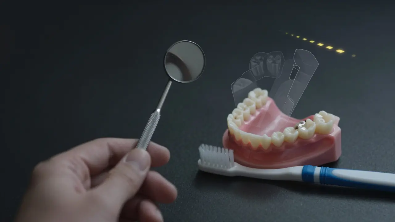 Dentální zrcátko spolu s zubními náhradami symbolizující důležitost pravidelné kontroly.