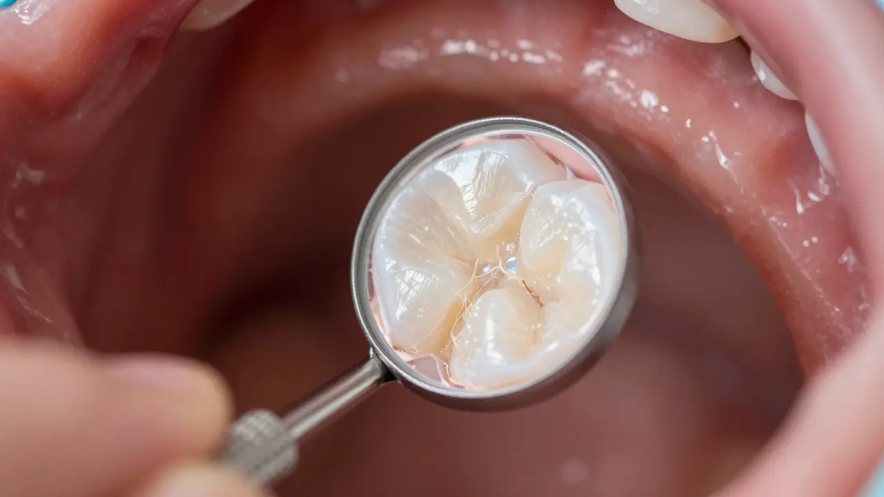 Detailní pohled do úst pomocí dentálního zrcátka, kde je vidět mezera u výplně.