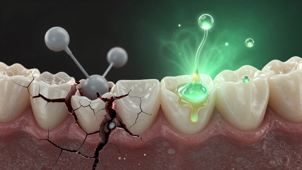 Dvě části: poškozené dásně proti regenerujícím zdravým tkáním.