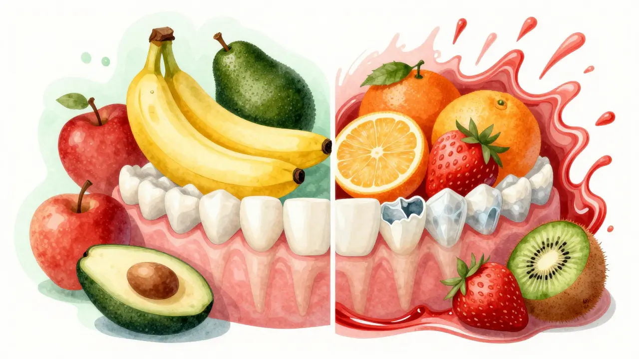 Dvě strany zubního plánu: zdravé zuby s bezpečným ovocem a poškozené zuby s kyselým ovocem.