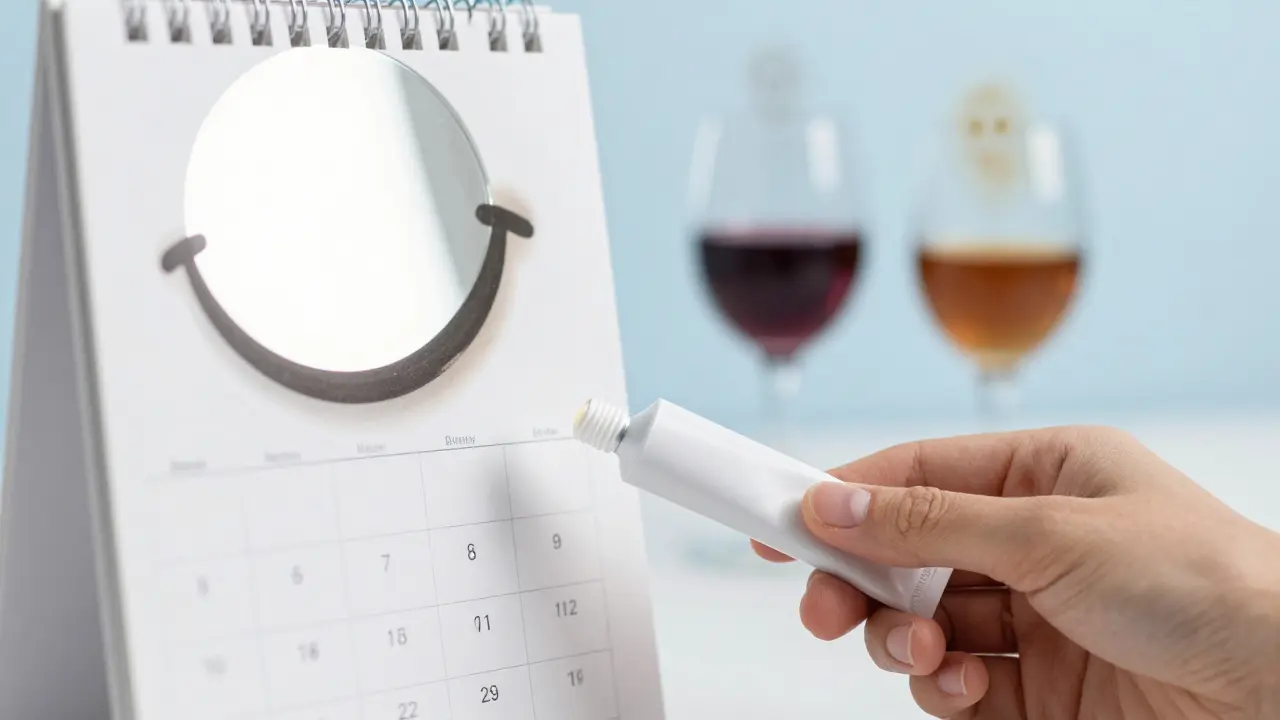 Kalendář a zrcadlo ukazují postup bělení zubů za 14 dní s odstraněním skvrn od kávy a vína.