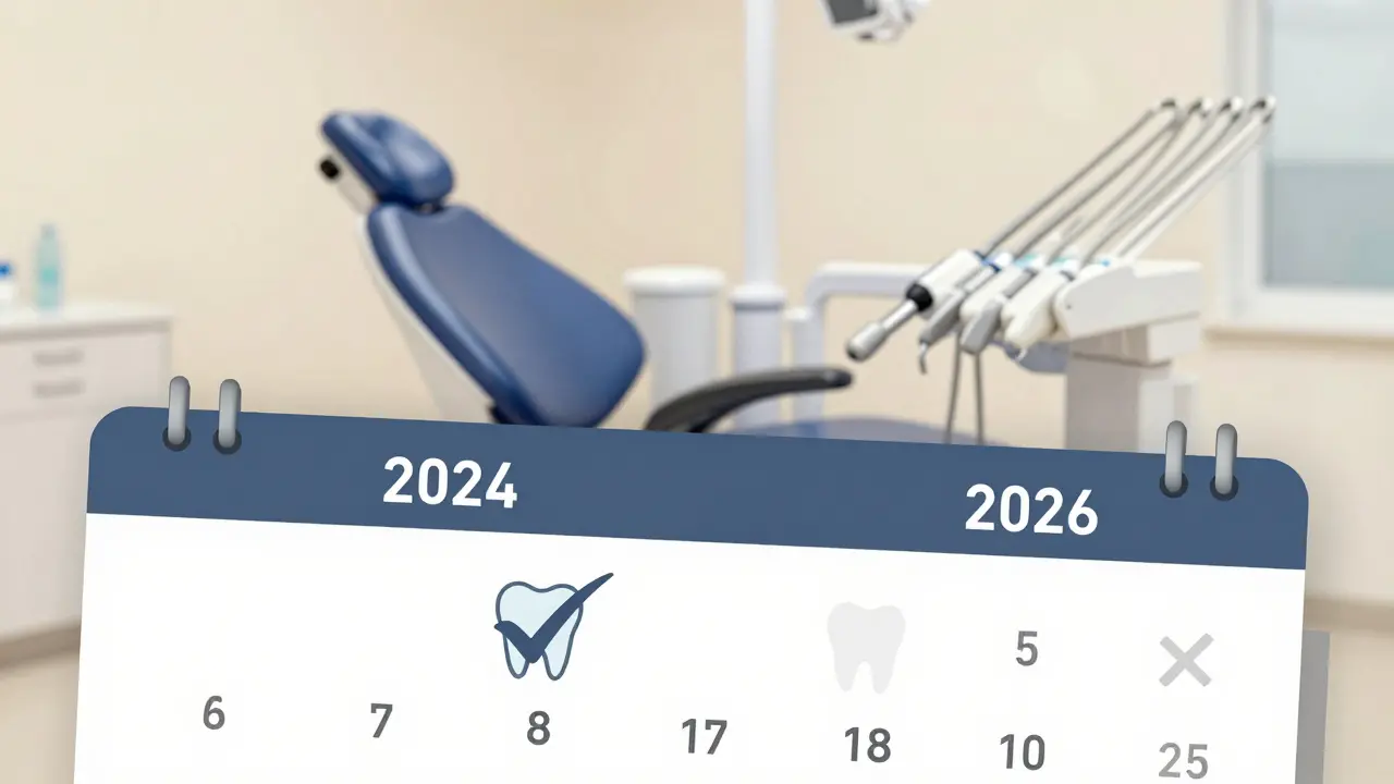 Kalendář s označenými lety 2024 a 2026, ukazující pravidelný cyklus bezplatného čištění zubů.