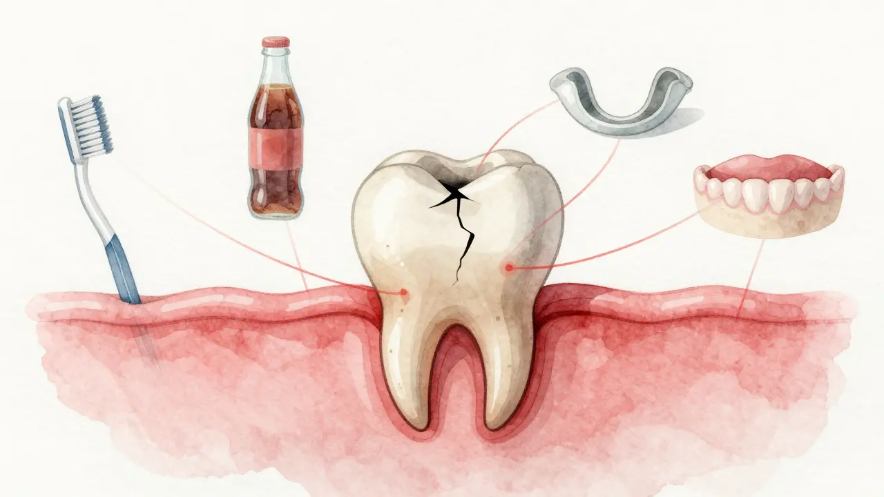 Koncepční obrázek zubu s odhaleným dentinem a příčinami citlivosti.