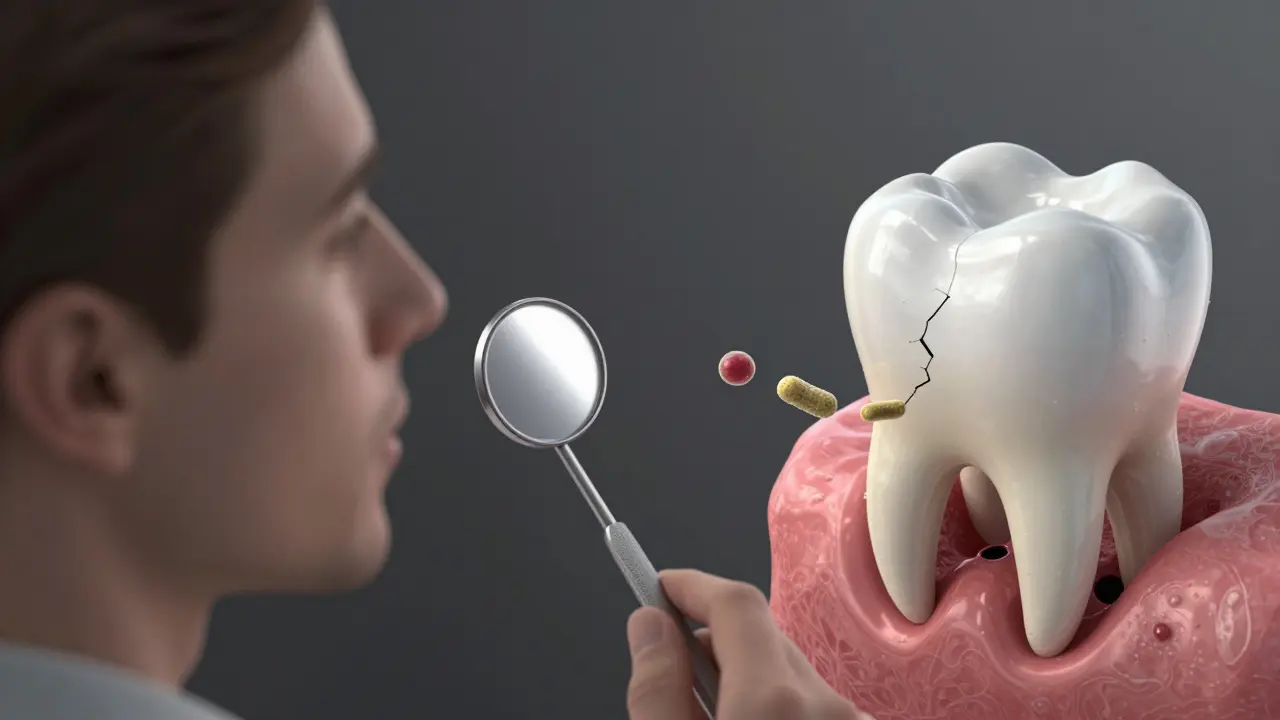 Konceptuální obrázek: dentální zrcátko ukazuje skrytou kazu pod výplní.