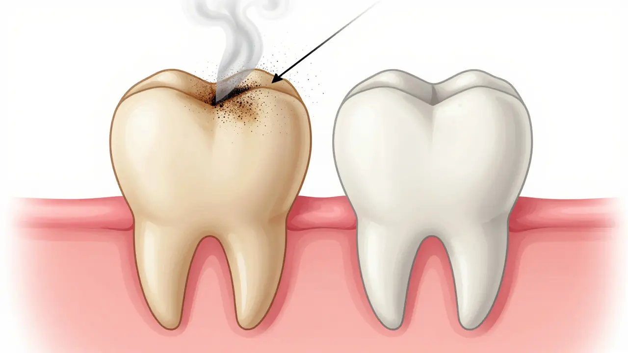 Křížový řez zubu s odstraněním povrchových skvrn jemnými abrazivními částicemi bez poškození emailu.