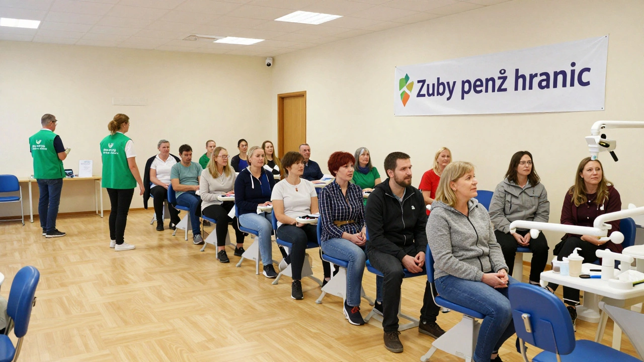 Lidé čekají na bezplatnou zubní prohlídku v místním centru.