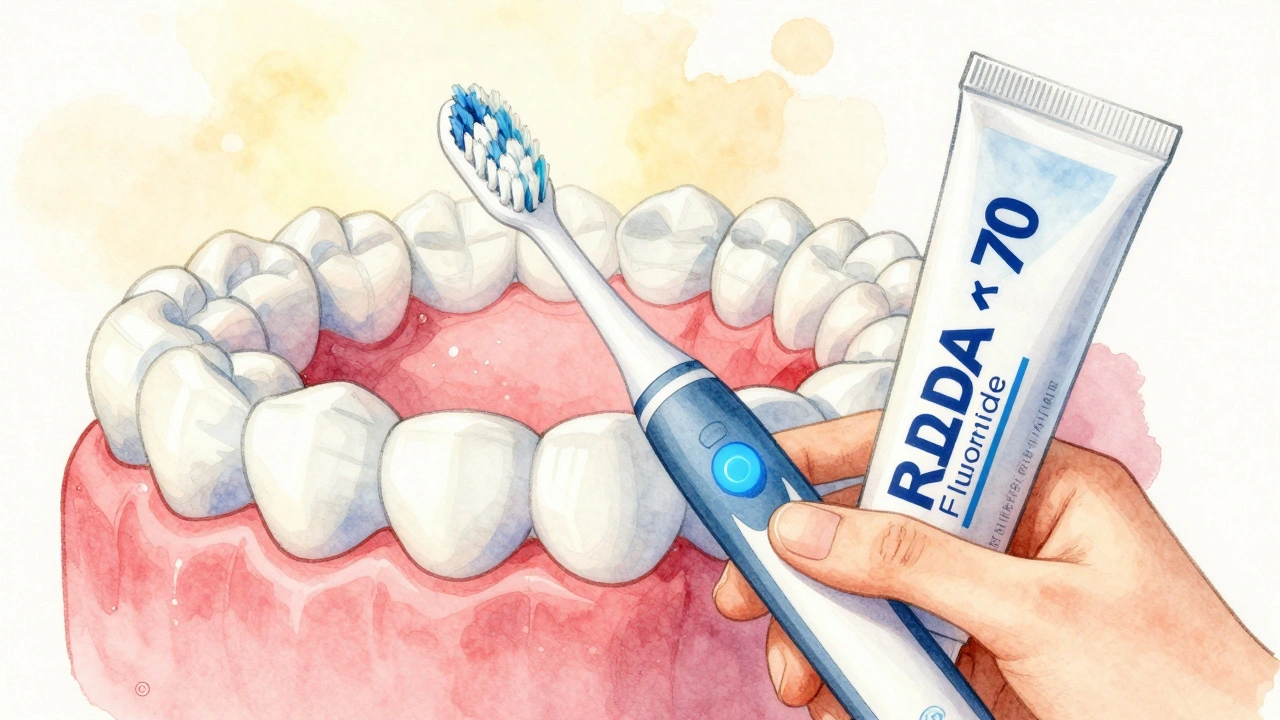 Měkký elektrický kartáček s čidlem tlaku a zubní pasta s nízkou abrazivitou.