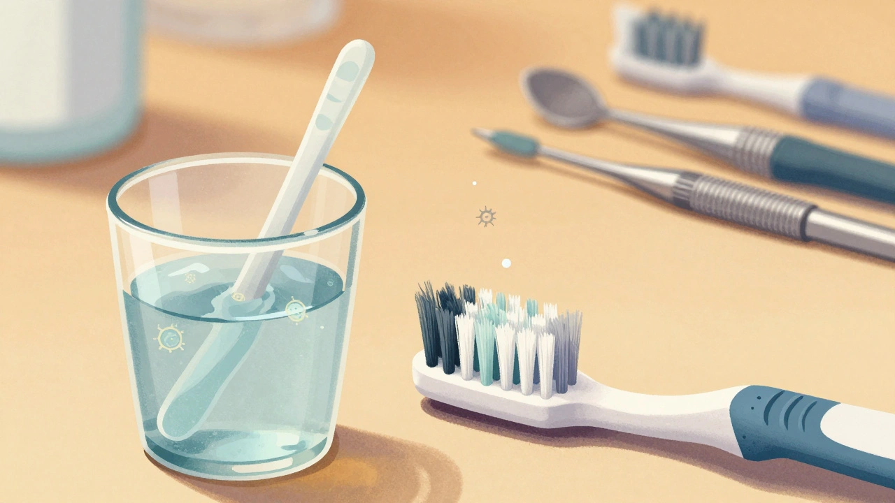 Mezizubní kartáček namočený v peroxidu vodíku pro hluboké čištění.