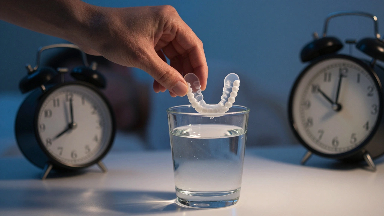 Nasazovací zuby ponořené v čisticím roztoku na noc, symbolizující správnou péči.