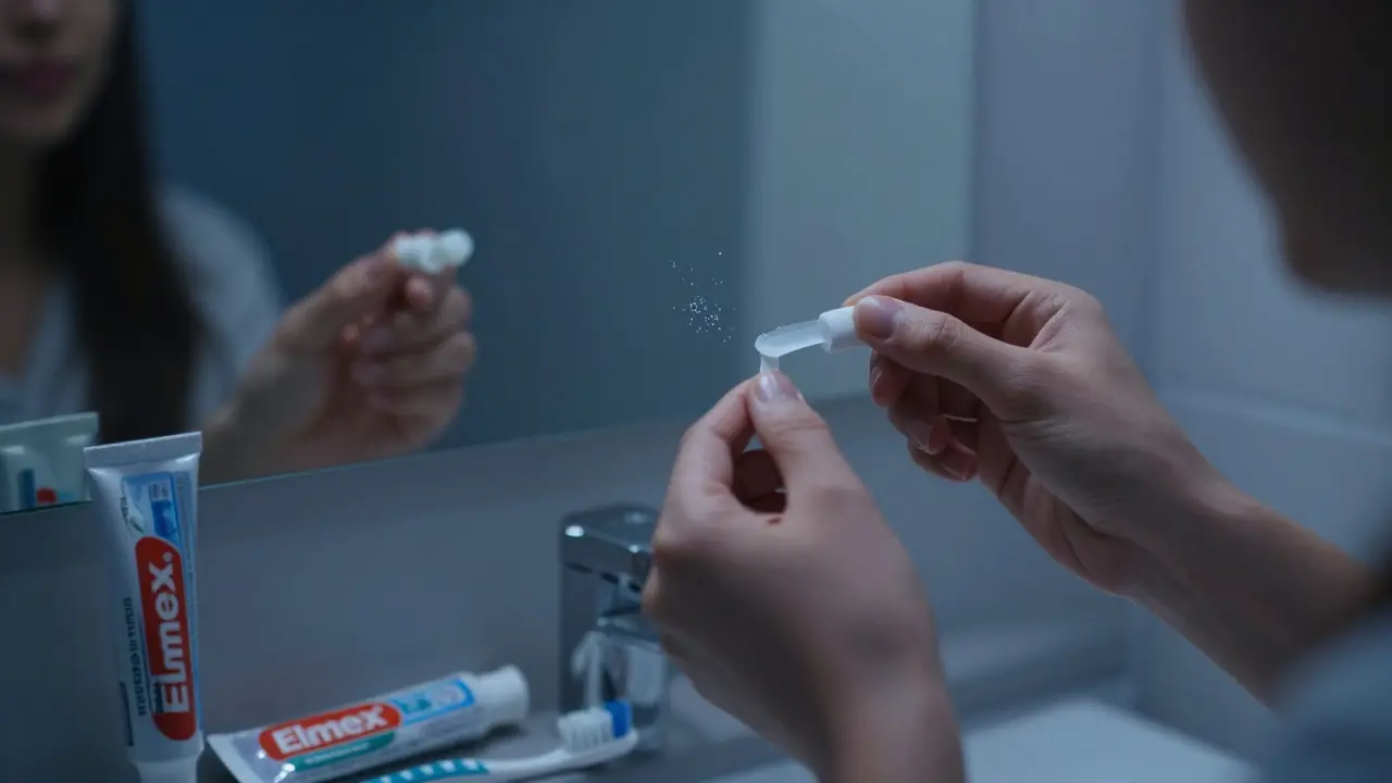 Osoba aplikuje fluoridový gel na zuby ve tmavé koupelně večer.