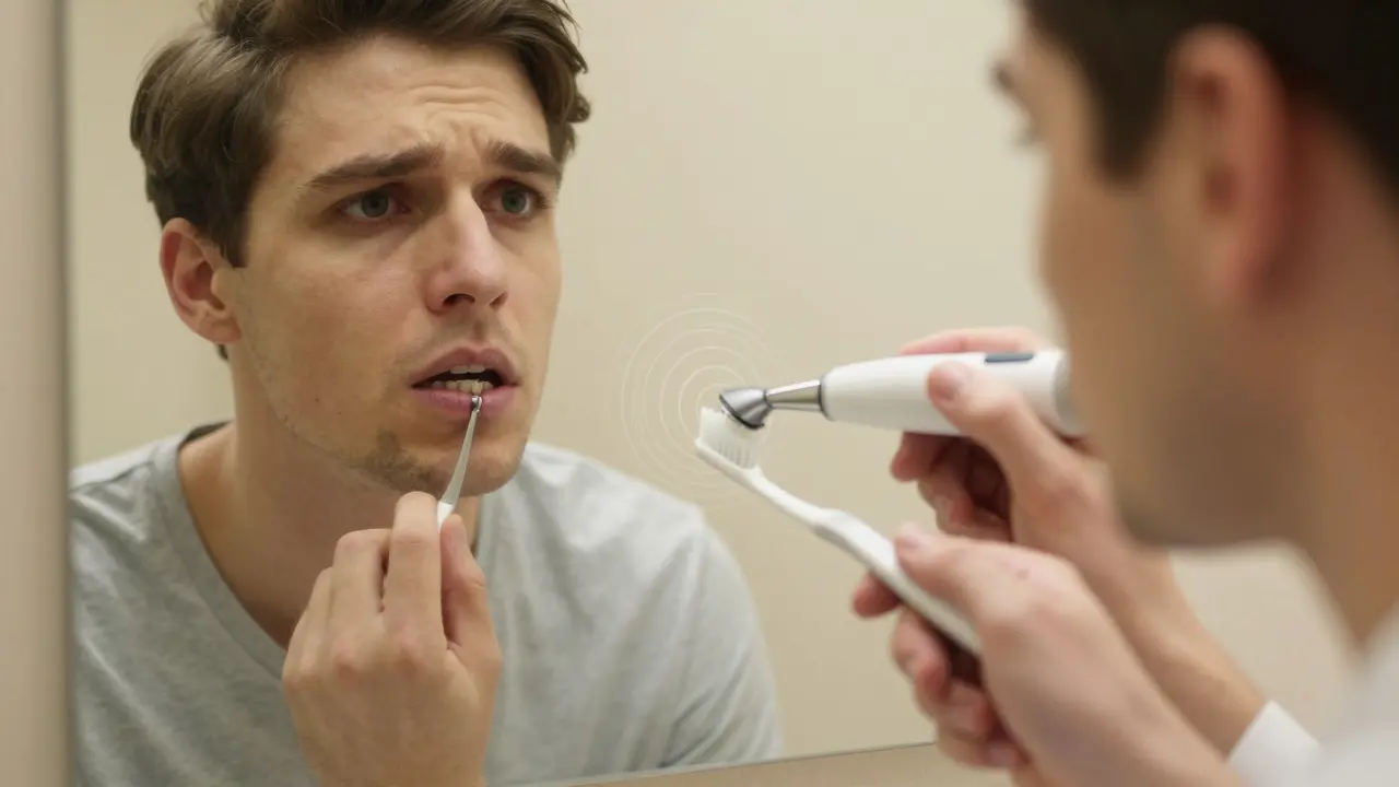 Osoba hledí do zrcadla, kde je vidět zubní lékař s ultrazvukovým nástrojem.