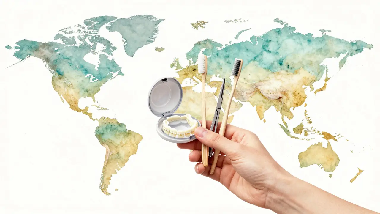 Otevřený ortodontický balíček s voskem, nůžkami a kartáčky nad mapou světa s cestovními cíli.