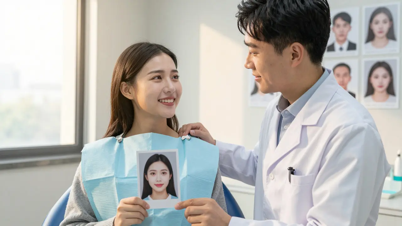 Pacientka se směje s novým úsměvem, drží fotografii z před operací, její zubní lékař stojí vedle ní.