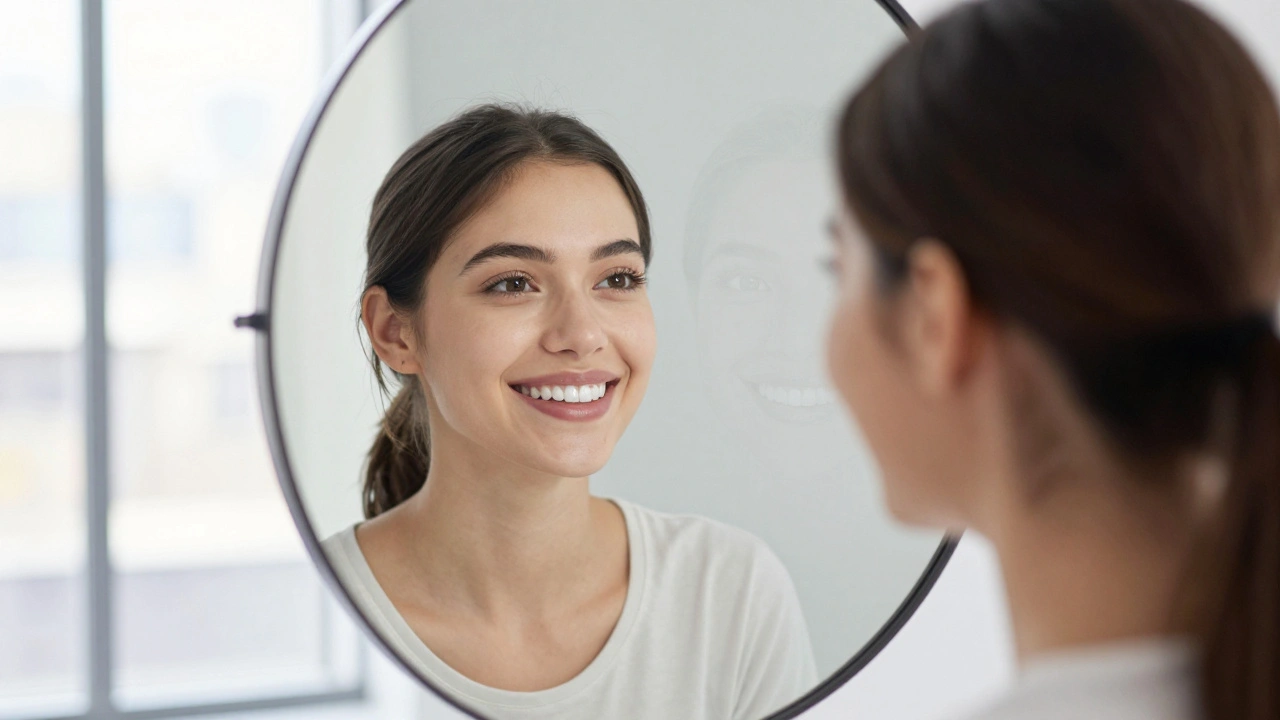 Person smiling in mirror with flawless veneers, faint outline of old teeth behind.