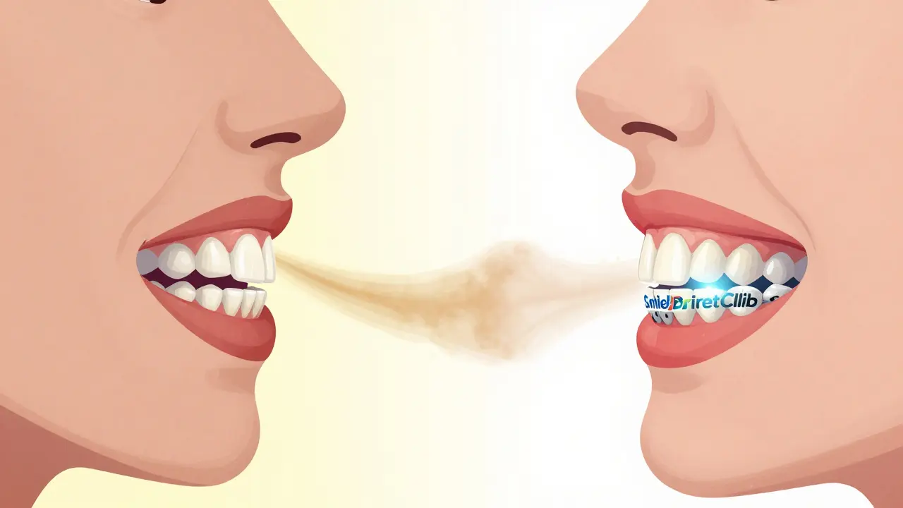Porovnání bělení zubů: nepravidelné samolepky vs. přesné lišty s LED světlem.