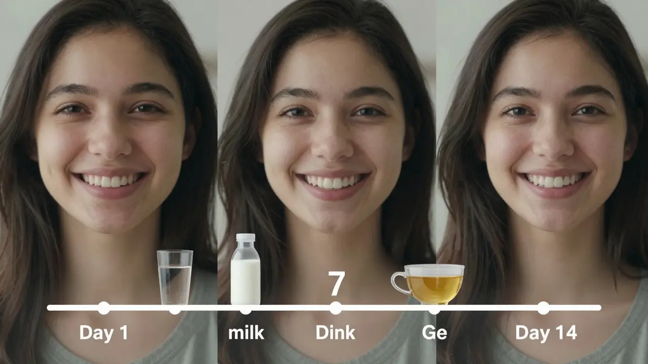 Postupné osvětlení úsměvu během 14 dní bělení s potravinami bílé diety.