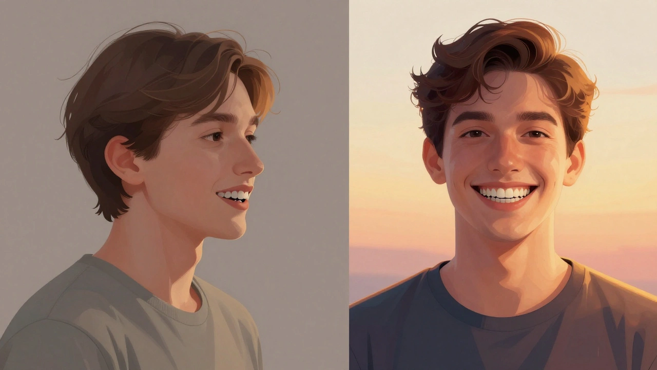 Před a po: osoba s chybějícími zuby vs. osoba s protézou a přirozeným úsměvem.