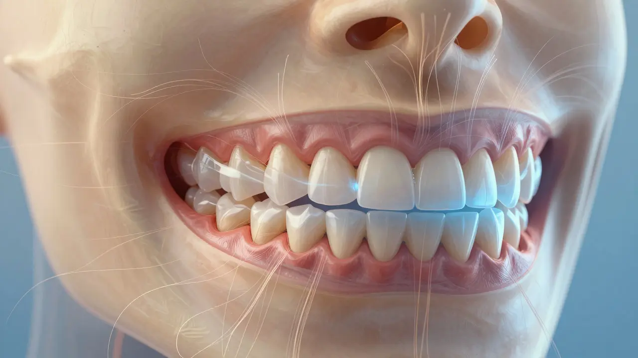 Přehled lidské čelisti s postupným posunem zubů a remodelací kosti.