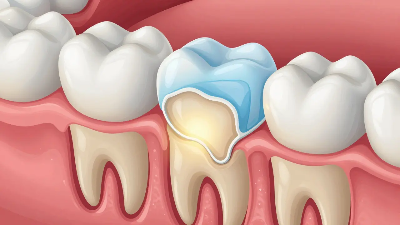 Přehled zubního průřezu s pronikáním bělícího gelu a ochranným fluoridem.