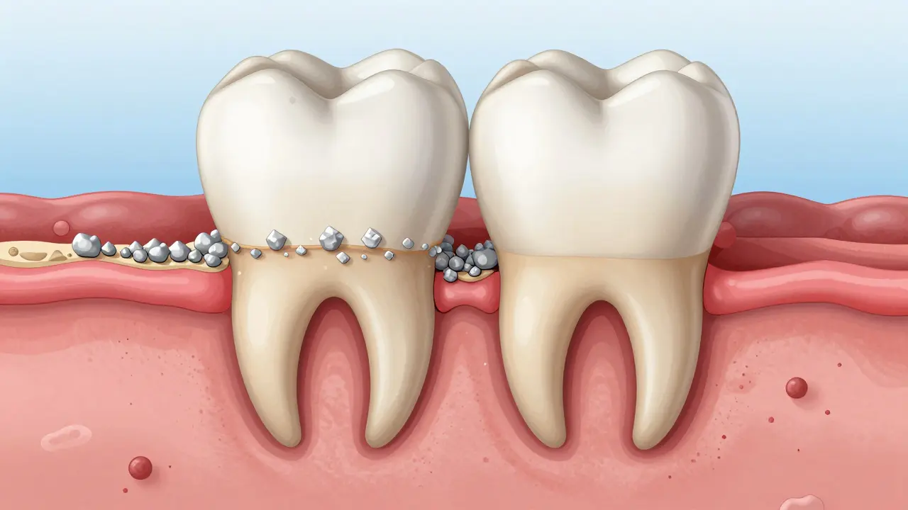 Příčný řez zubem ukazující přechod plaku v kámen pod dásní.