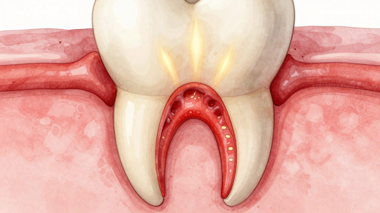 Průřez hojící se jamkou po vytržení zubu s krevní sraženinou a novou tkání.