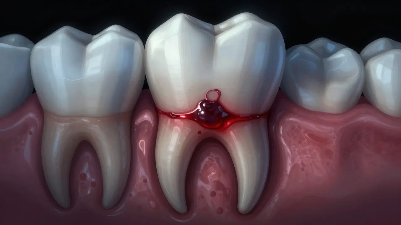 Průřez předního zubu s infekcí šířící se do kořene a kosti