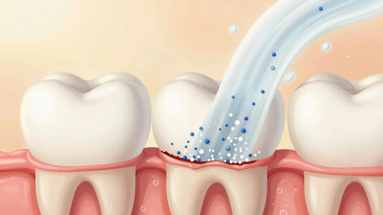 Průřez zubní skloviny s minerály, které se obnovují díky fluoridu a slinám.