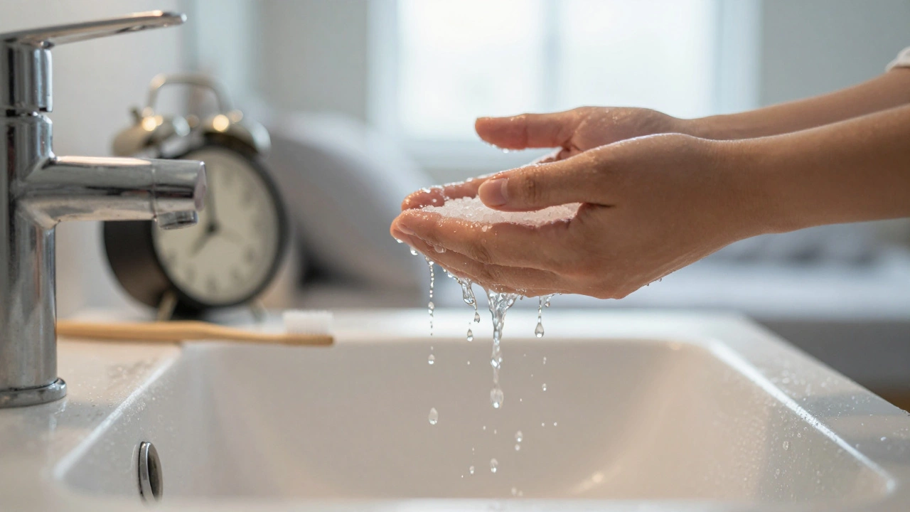 Ruce pláchnoucí ústa teplým solným roztokem po 24 hodinách, jemný zubní kartáček na pozadí.