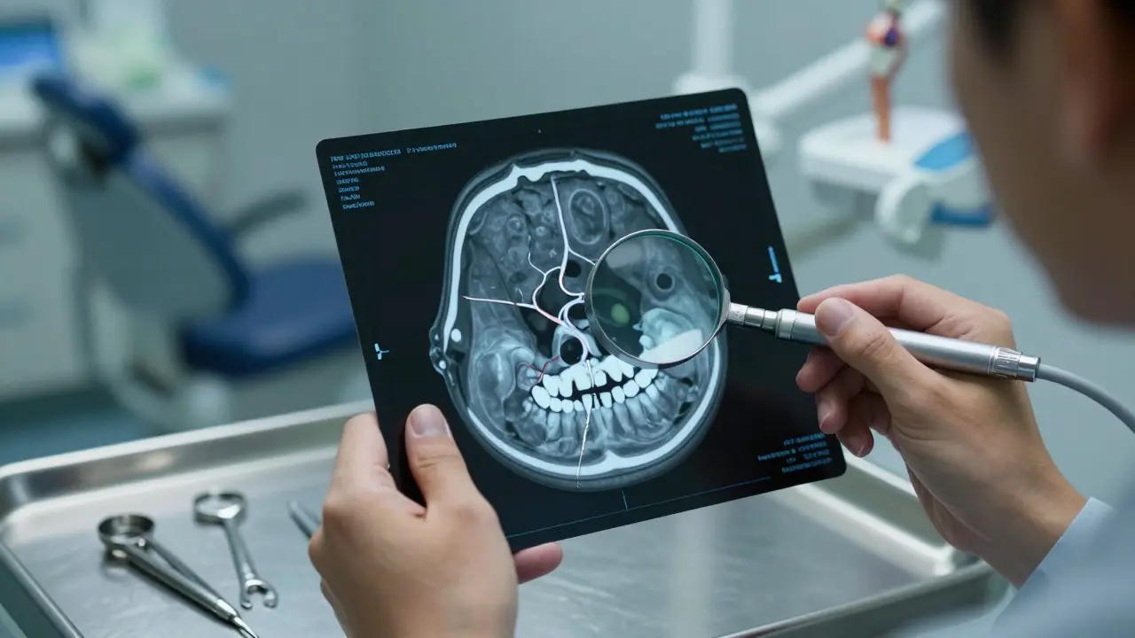 Ruce studenta drží zubní vrták vedle 3D CT skenování čelisti s detailními nervovými cestami.