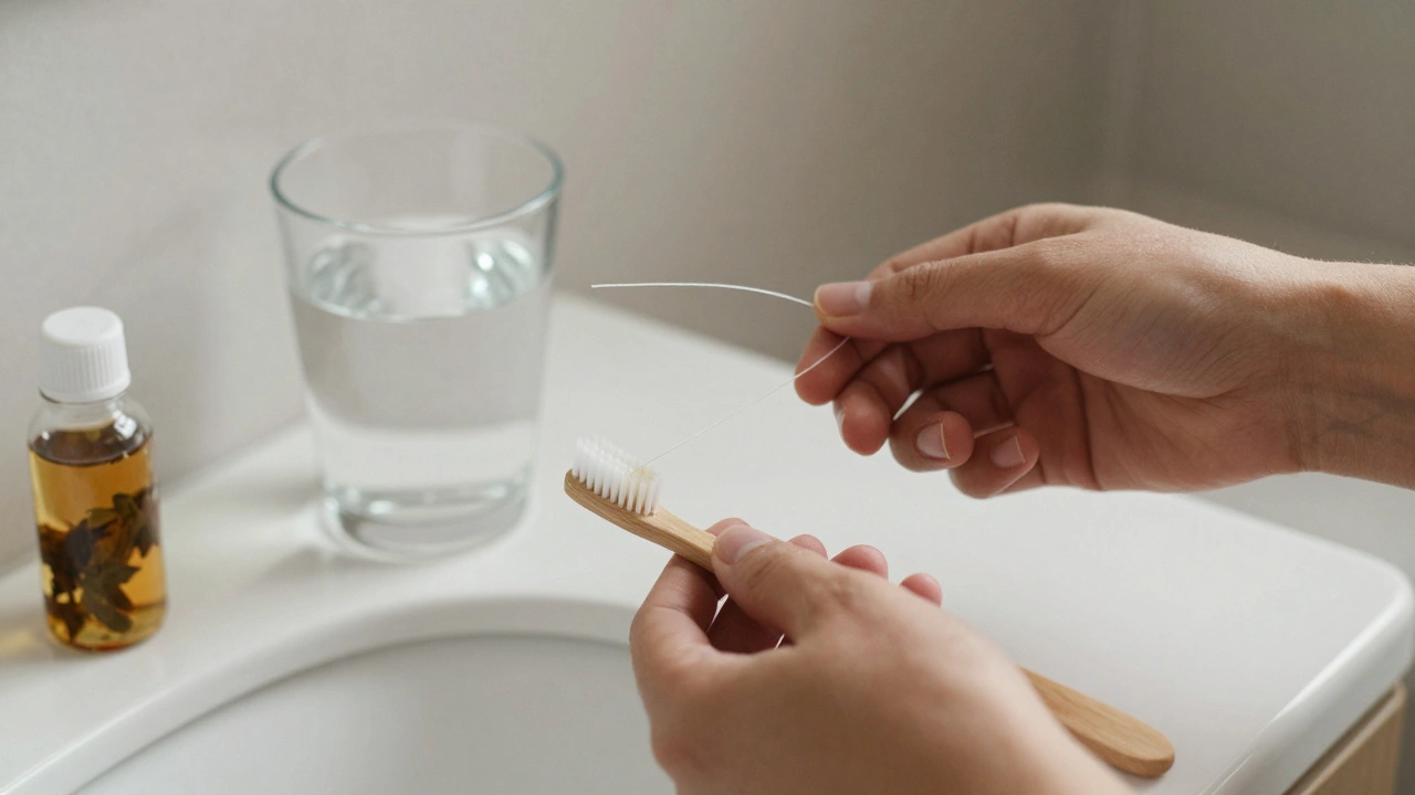 Ruka drží kartáček a zubní nit na koupelnové stolce s solnou vodou.