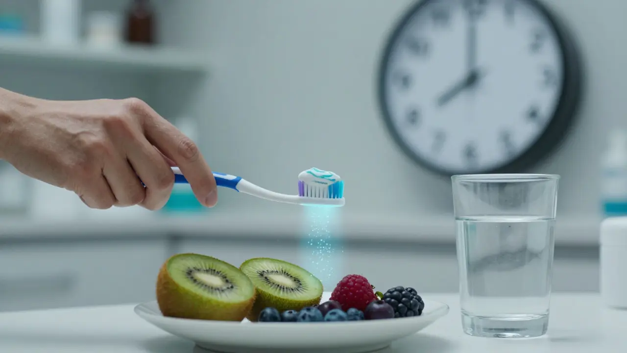 Ruka drží kartáček, před ní je mísa s kiwi a vodou, nad nimi hodiny ukazují 30 minut.