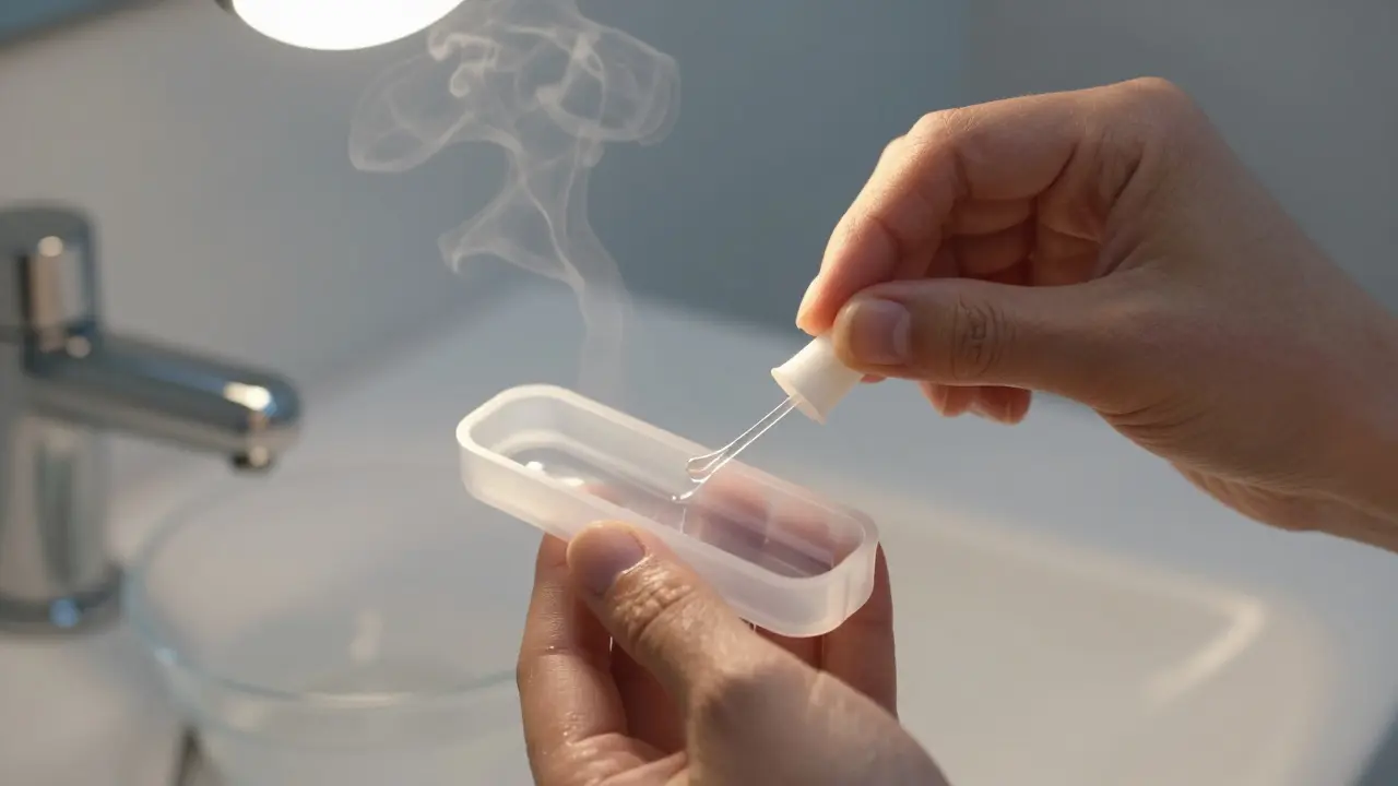 Ruka nanáší bělicí gel do přizpůsobených forem na zuby před zrcadlem.