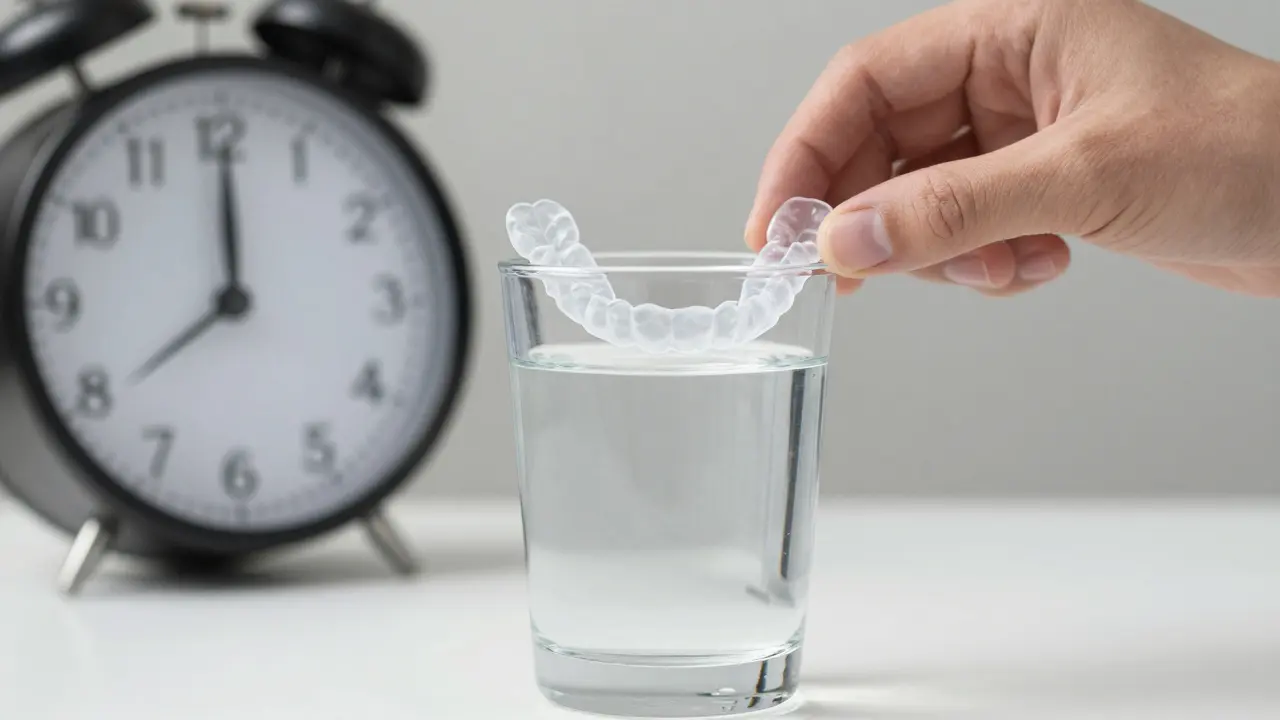 Ruky ukládají zpětné držení do vody, nad ním se objevují stíny zubů.