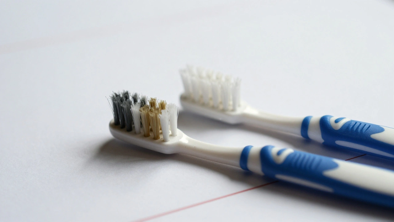 Starý poškozený mezizubní kartáček vedle nového, symbolizující výměnu.