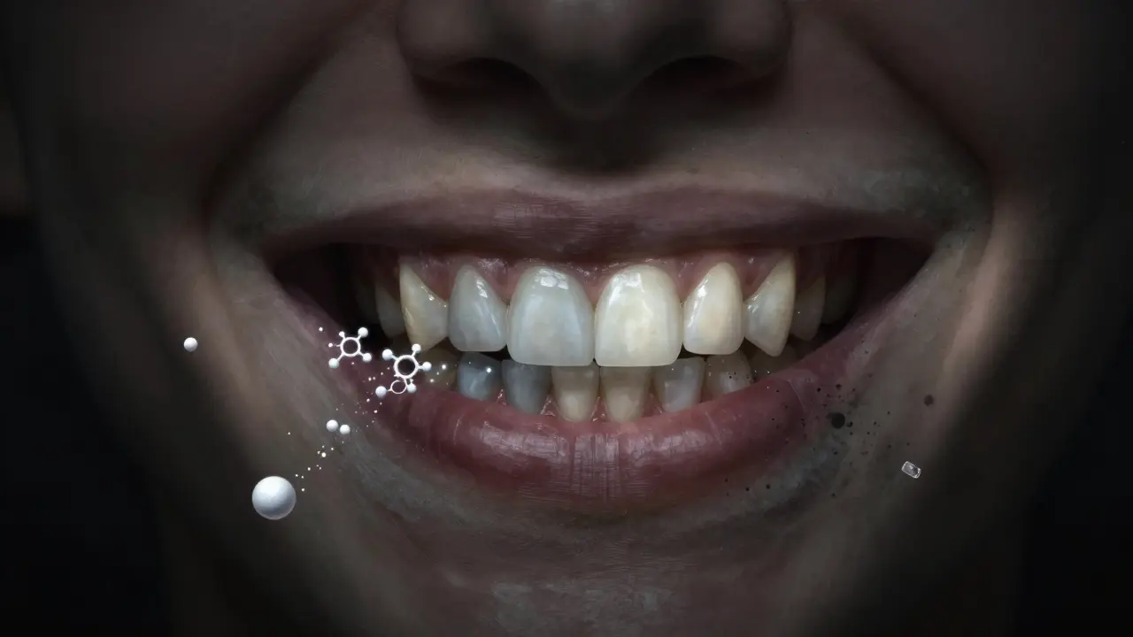 Svíčející úsměv, jehož zuby se mění z šedé na přirozenou barvu pod vlivem hydroxyapatitu a fluoridu.